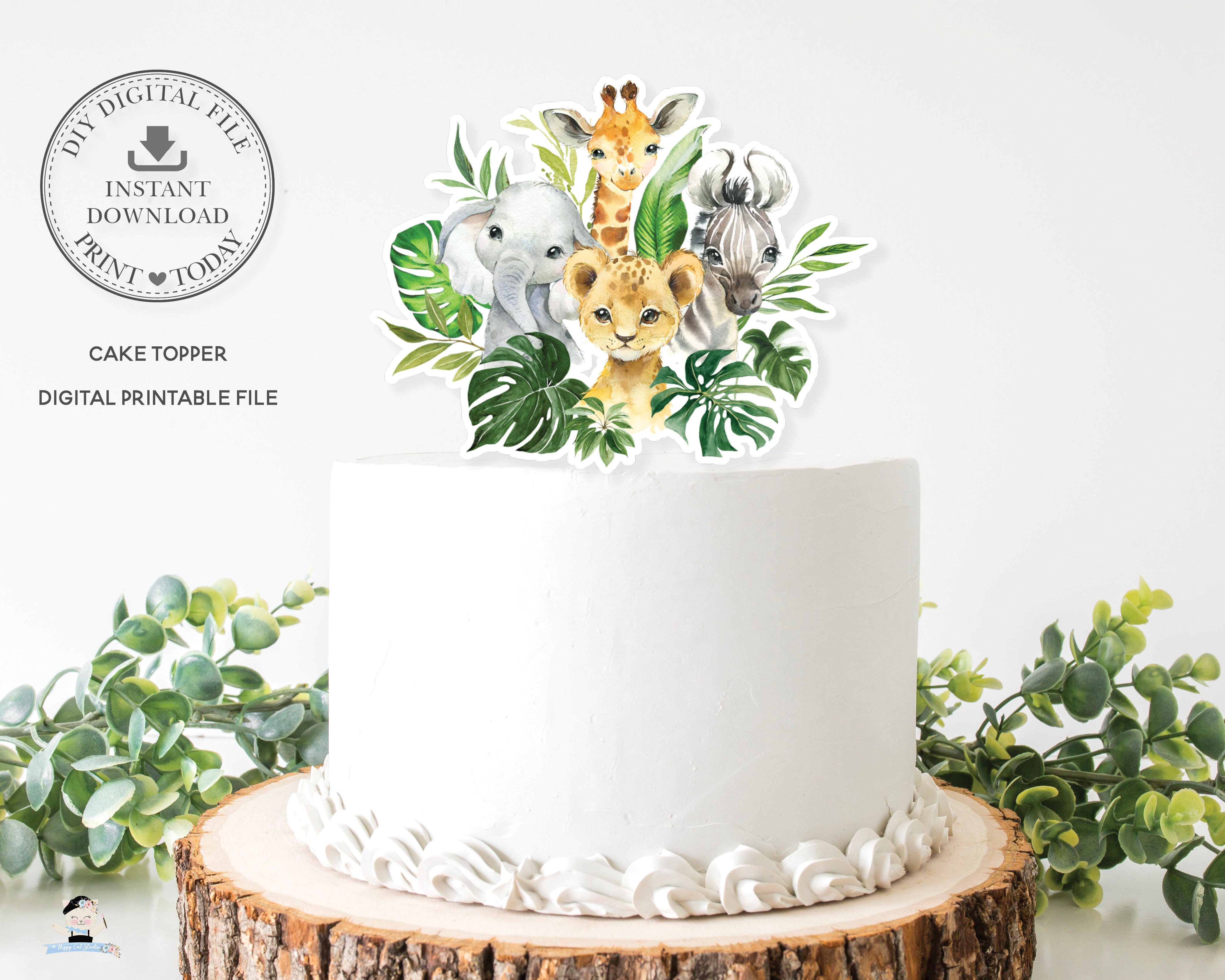 Jungle Animals Greenery Birthday Baby Shower Cake Topper Digital Print –  The Happy Cat Studio