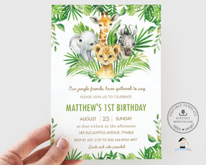 Jungle Animals Greenery Birthday Party Invitation, EDITABLE TEMPLATE, Elephant Giraffe Lion Zebra Wild One 1st Birthday Invites Printable Instant Download Files JA7