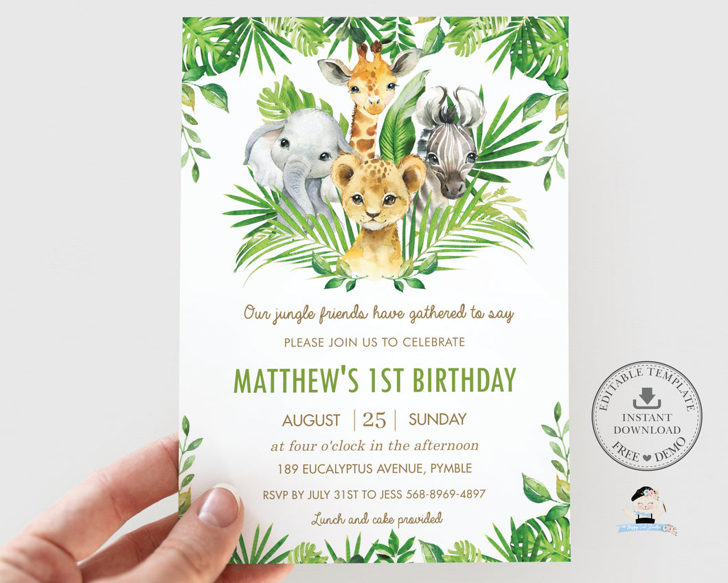 Jungle Animals Greenery Birthday Party Invitation, EDITABLE TEMPLATE, Elephant Giraffe Lion Zebra Wild One 1st Birthday Invites Printable Instand Download Files JA7