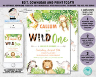 Greenery Cute Jungle Animals 1st Birthday Wild One Invitation - Editable Template - Digital Printable File - Instant Download - JA1