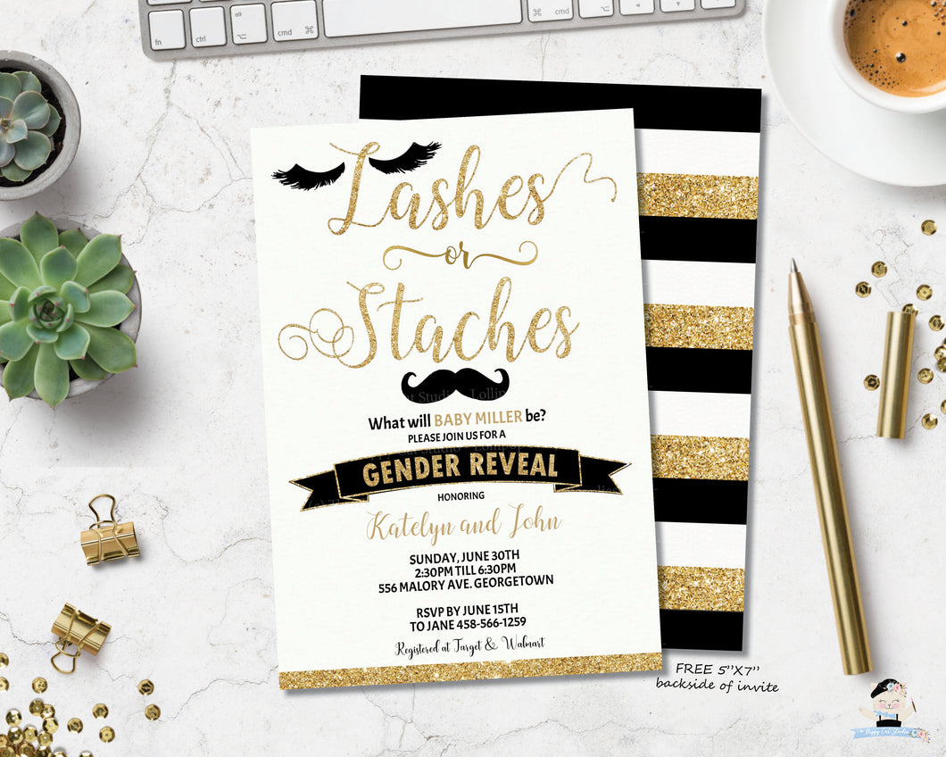 Lashes or Staches Gender Reveal Invitation Black and Gold - Instant EDITABLE TEMPLATE - GR2