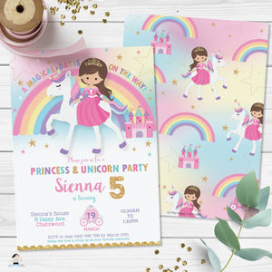 Light Brown Hair Princess and Unicorn Birthday Invitation - Editable Template - Digital Printable File - Instant Download - PU1