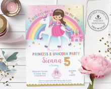Load image into Gallery viewer, Light Brown Hair Princess and Unicorn Birthday Invitation - Editable Template - Digital Printable File - Instant Download - PU1