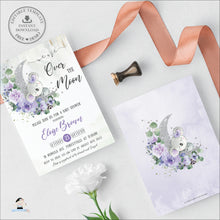 Load image into Gallery viewer, Whimsical Over the Moon Koala Baby Shower Invitation EDITABLE TEMPLATE, Silver Purple Lilac Floral Crescent Girl Invite INSTANT Download AU6