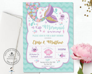 Chic Mermaid Tail Baby Shower 4"x6" Invitation Editable Template - Instant Download - Digital Printable File - MT3