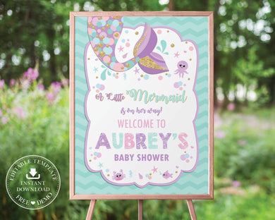 Chic Chevron Mermaid Tail Baby Shower Welcome Sign Editable Template - Instant Download - Digital Printable File - MT3