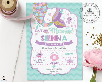 Whimsical Mermaid Tail Birthday Party Invitation Editable Template - Instant Download - Digital Printable File - MT3