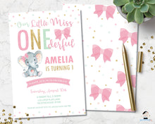 Load image into Gallery viewer, elephant-pink-bows-little-miss-onederful-1st-birthday-party-personalized-editable-invitation-template