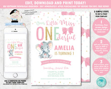 Load image into Gallery viewer, cute-little-miss-onederful-1st-birthday-party-elephant-pink-bows-personalized-editable-invitation-template