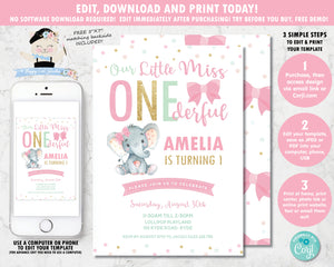 Personalized Elephant 1st Birthday Party Invitations - Set Of 10, Pink Polka Dots, UK Made