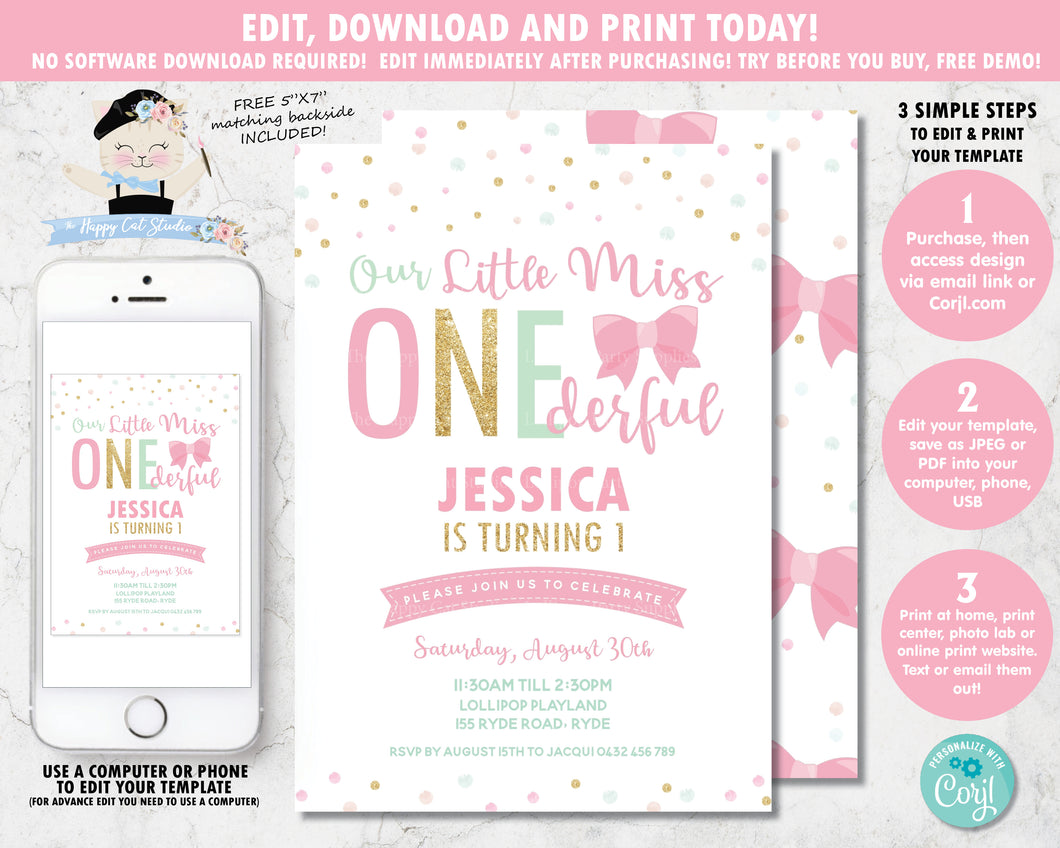little-miss-onederful-1st-birthday-party-personalised-invitation-editable-template-digital-printable-file-pink-gold-mint