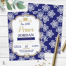 Load image into Gallery viewer, Royal Blue Damask Little Prince 1st Birthday Party Invitation - Editable Template - Digital Printable File - Instant Download