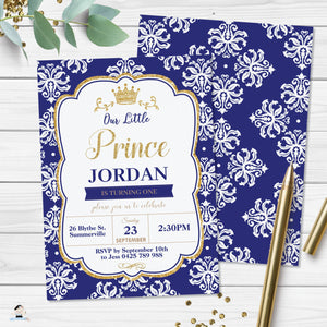 Royal Blue Damask Little Prince 1st Birthday Party Invitation - Editable Template - Digital Printable File - Instant Download