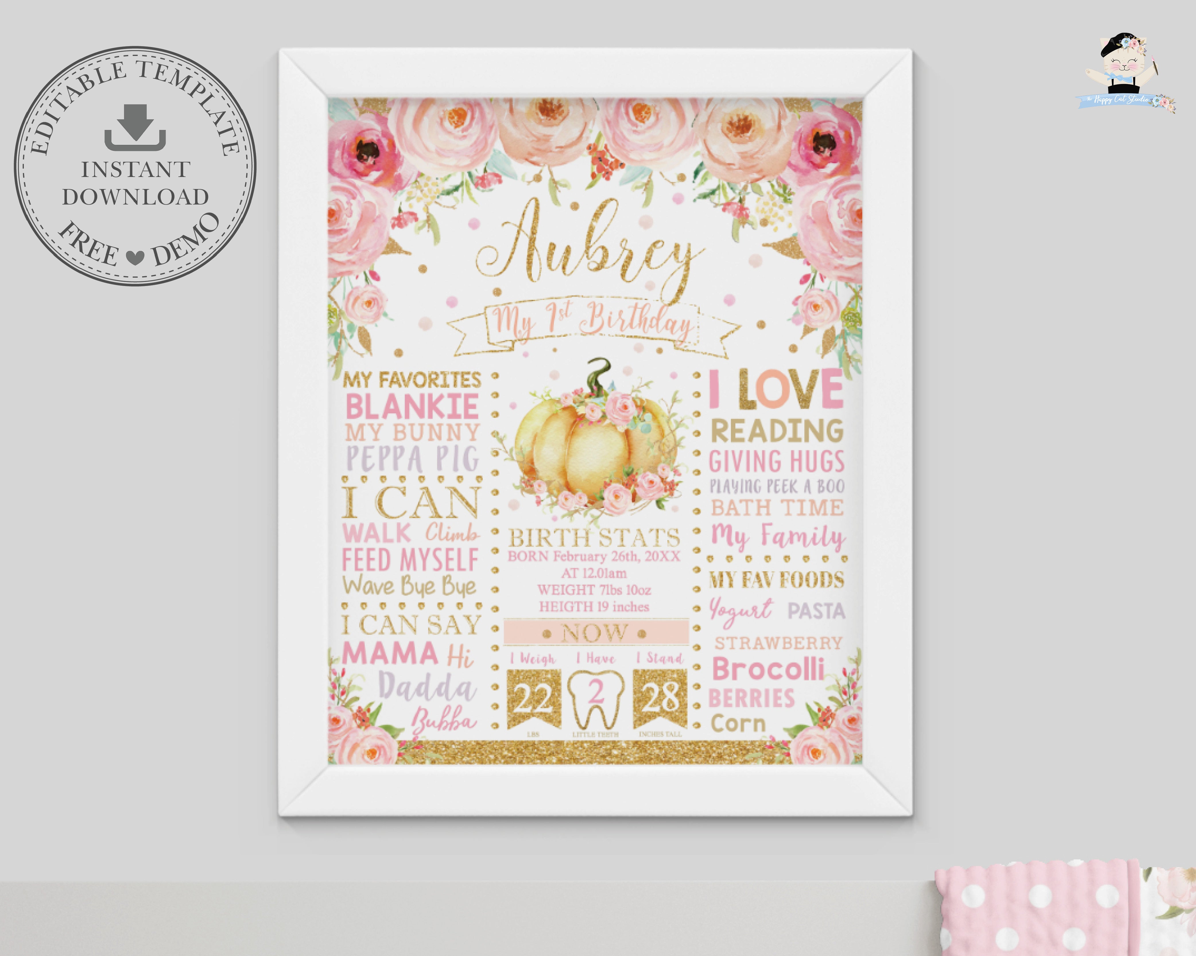 Whimsical Pink Floral Little Pumpkin 1st Birthday Milestone Sign Birth –  The Happy Cat Studio