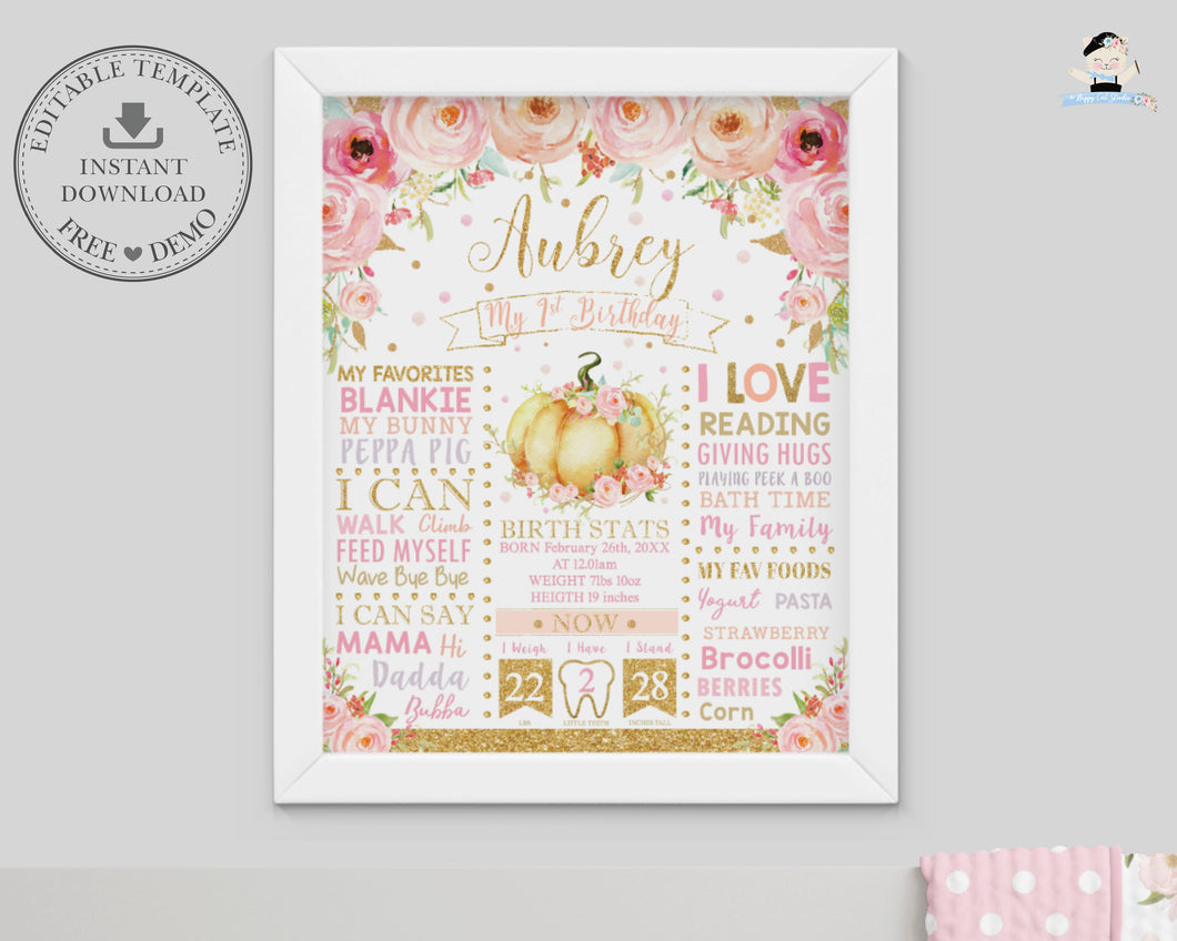 Whimsical Pink Floral Little Pumpkin 1st Birthday Milestone Sign Birth Stats Editable Template - Instant Download - Digital Printable File - LP1