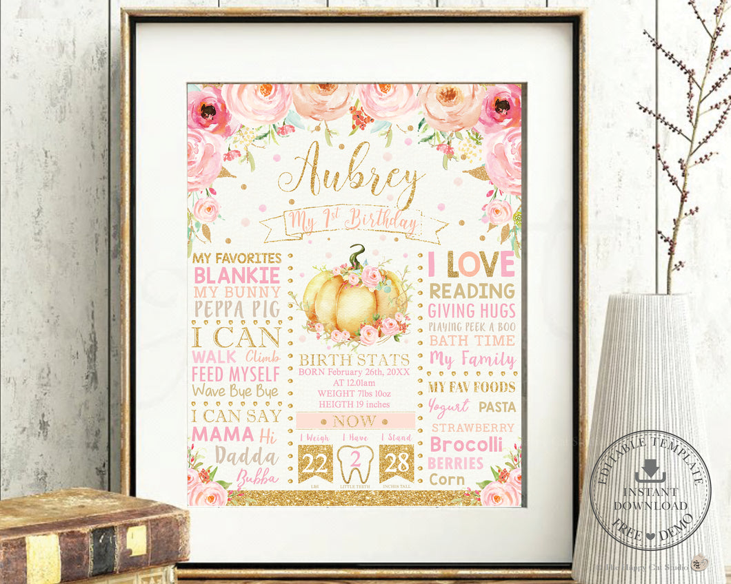 Chic Pink Floral Little Pumpkin 1st Birthday Milestone Sign Birth Stats Editable Template - Instant Download - Digital Printable File - LP1