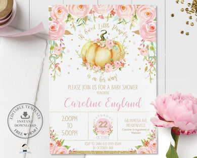 Little Pumpkin Pink Floral Baby Shower Girl Invitation Editable Template - Instant Download - Digital Printable File - LP1