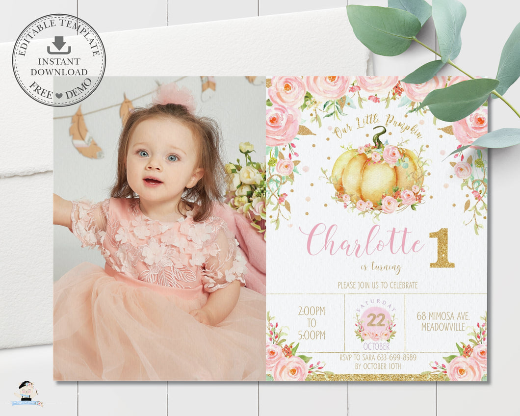 Chic Pink Floral Little Pumpkin Birthday Party Photo Invitation Editable Template - Instant Download - Digital Printable File - LP1