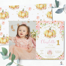 Load image into Gallery viewer, Chic Pink Floral Little Pumpkin Birthday Party Photo Invitation Editable Template - Instant Download - Digital Printable File - LP1