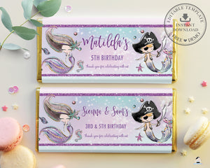Mermaid and Pirate Twins Siblings Birthday Chocolate Bar Wrapper Aldi Hersheys Editable Template - Instant Download - Digital Printable File - MT2