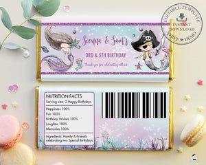 Mermaid and Pirate Twins Siblings Birthday Chocolate Bar Wrapper Aldi Hersheys Editable Template - Instant Download - Digital Printable File - MT2
