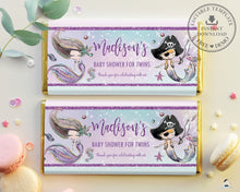 Load image into Gallery viewer, Mermaid and Pirate Twins Baby Shower Chocolate Bar Wrapper Aldi Hersheys Editable Template - Instant Download - Digital Printable File - MT2