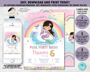 Mermaid and Unicorn Pool Party Birthday Invitation Black Hair - Instant EDITABLE TEMPLATE Digital Printable File - MU1
