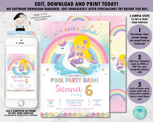 Mermaid and Unicorn Pool Party Birthday Invitation Blonde Hair - Instant EDITABLE TEMPLATE Digital Printable File - MU1