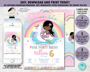Mermaid and Unicorn Pool Party Birthday Invitation Black Skin African American - Instant EDITABLE TEMPLATE Digital Printable File - MU1