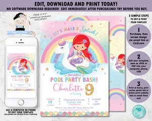 Mermaid and Unicorn Pool Party Birthday Invitation Red Hair - Instant EDITABLE TEMPLATE Digital Printable File - MU1