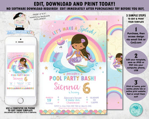 Mermaid and Unicorn Pool Party Birthday Invitation Brown Skin Tone - Instant EDITABLE TEMPLATE Digital Printable File - MU1