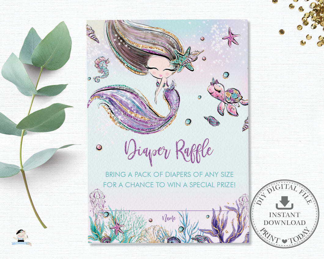 Whimsical Brown Hair Mermaid Diaper Raffle Insert Cards - Instant Download - Digital Printable File - MT2