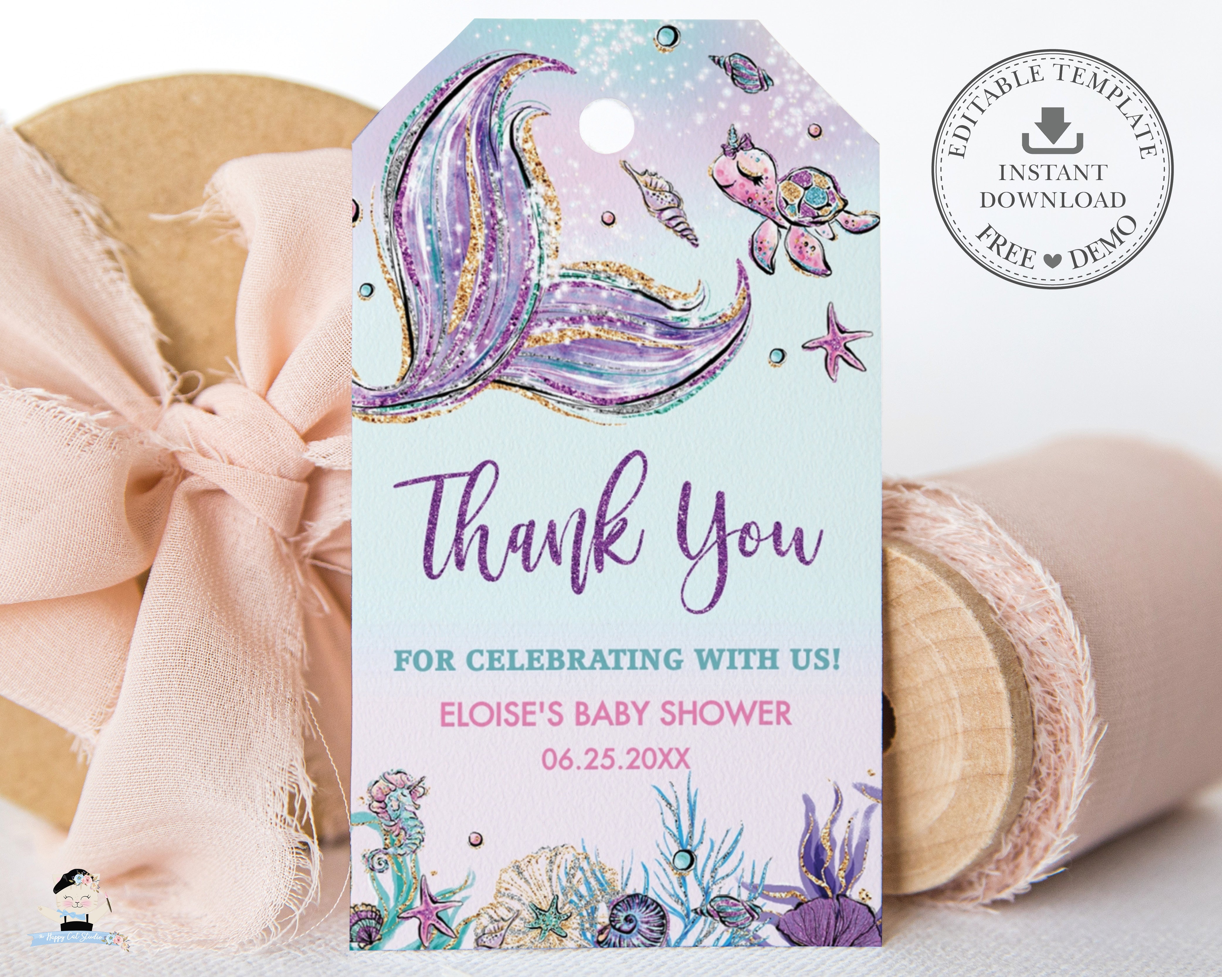 Whimsical Mermaid Tail Under the Sea Thank You Tags Baby Shower Birthday Editable Template Digital Printable File Instant Download MT2