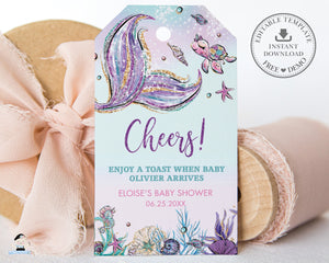 Whimsical Mermaid Tail Under the Sea Mini Champagne Bubbly Tags Baby Shower Editable Template - Digital Printable File - Instant Download - MT2