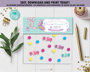 Whimsical Mermaid Tail Favor Lolly Bag Topper Tag Editable Template - Instant Download - Digital Printable File - MT3