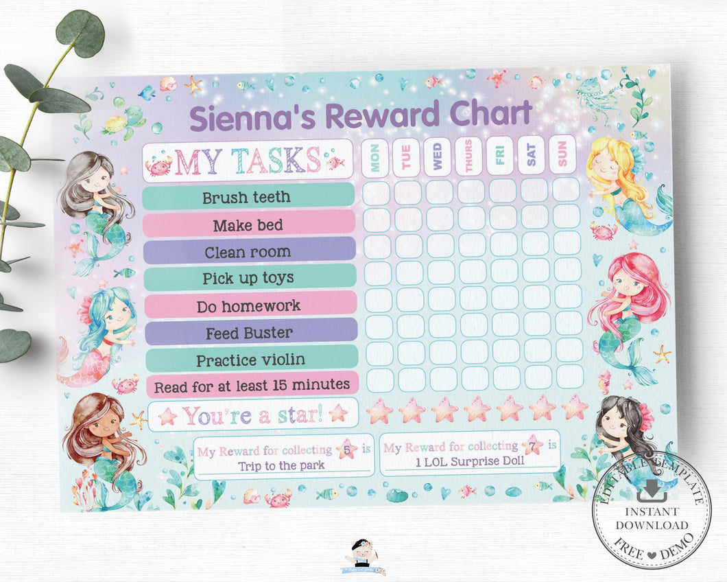 Mermaid Under the Sea Reward Chart Editable Template Personalized - Instant Download - WM1