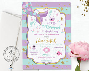Chic Mermaid Turquoise Purple Gold Baby Shower Invitation - Editable Template - Instant Donwload - MT1