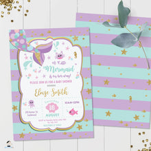 Load image into Gallery viewer, Chic Mermaid Turquoise Purple Gold Baby Shower Invitation - Editable Template - Instant Donwload - MT1