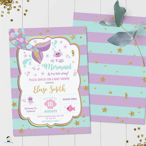 Chic Mermaid Turquoise Purple Gold Baby Shower Invitation - Editable Template - Instant Donwload - MT1