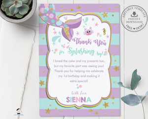 Chic Mermaid Turquoise Purple Gold Birthday Thank You Card - Editable Template - Instant Donwload - MT1
