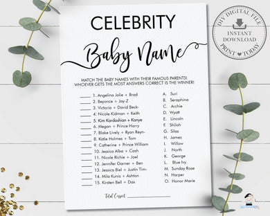 Minimalist Typography Modern Celebrity Baby Name Baby Shower Game Digital Printable File - Instant Download - MN1