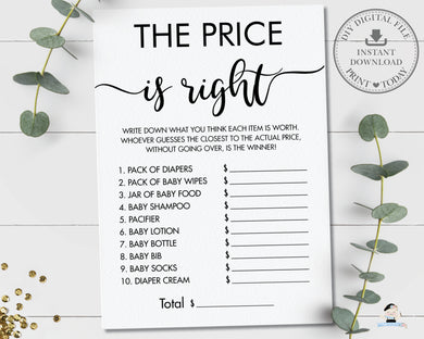 Minimalist Typography Modern The Price is Right Baby Shower Game Digital Printable File - Instant Download - MN1