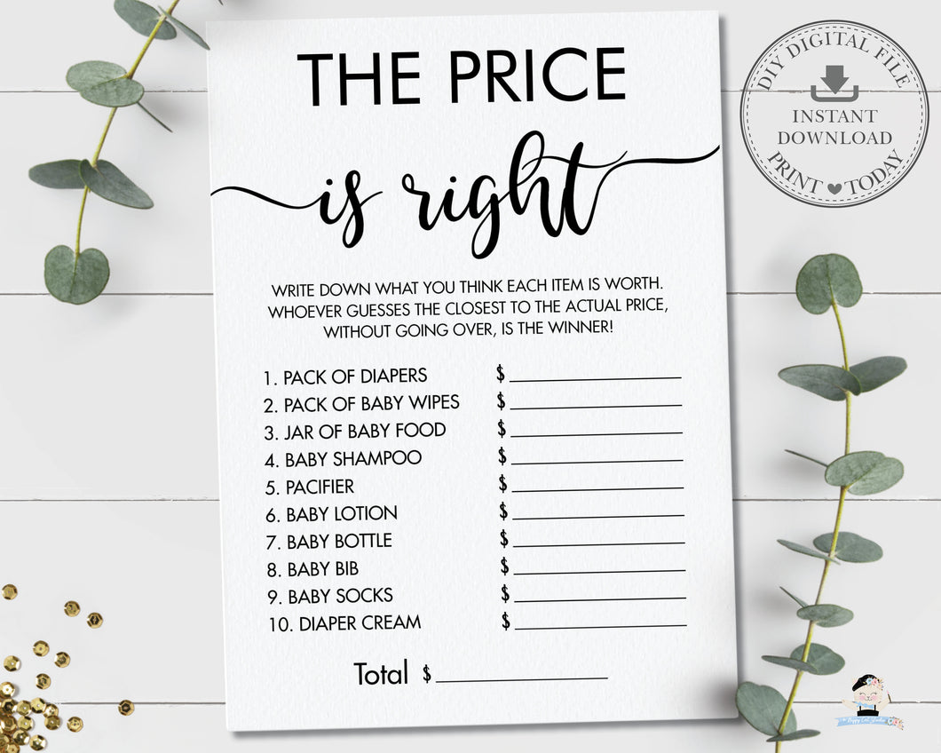 Minimalist Typography Modern The Price is Right Baby Shower Game Digital Printable File - Instant Download - MN1