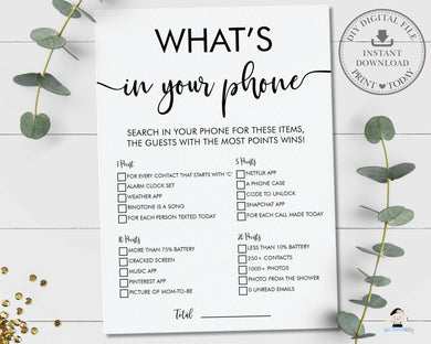 Minimalist Typography Modern What's In Your Phone Baby Shower Game Digital Printable File - Instant Download - MN1