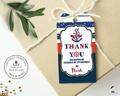 Chic Nautical Thank You Tags Baby Shower 1st Birthday Editable Template - Instant Download - Digital Printable File - NT1