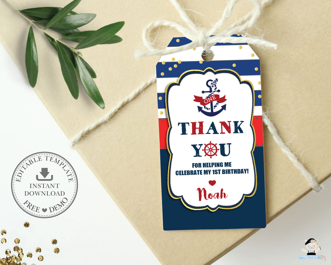 Chic Nautical Thank You Tags Baby Shower 1st Birthday Editable Template - Instant Download - Digital Printable File - NT1