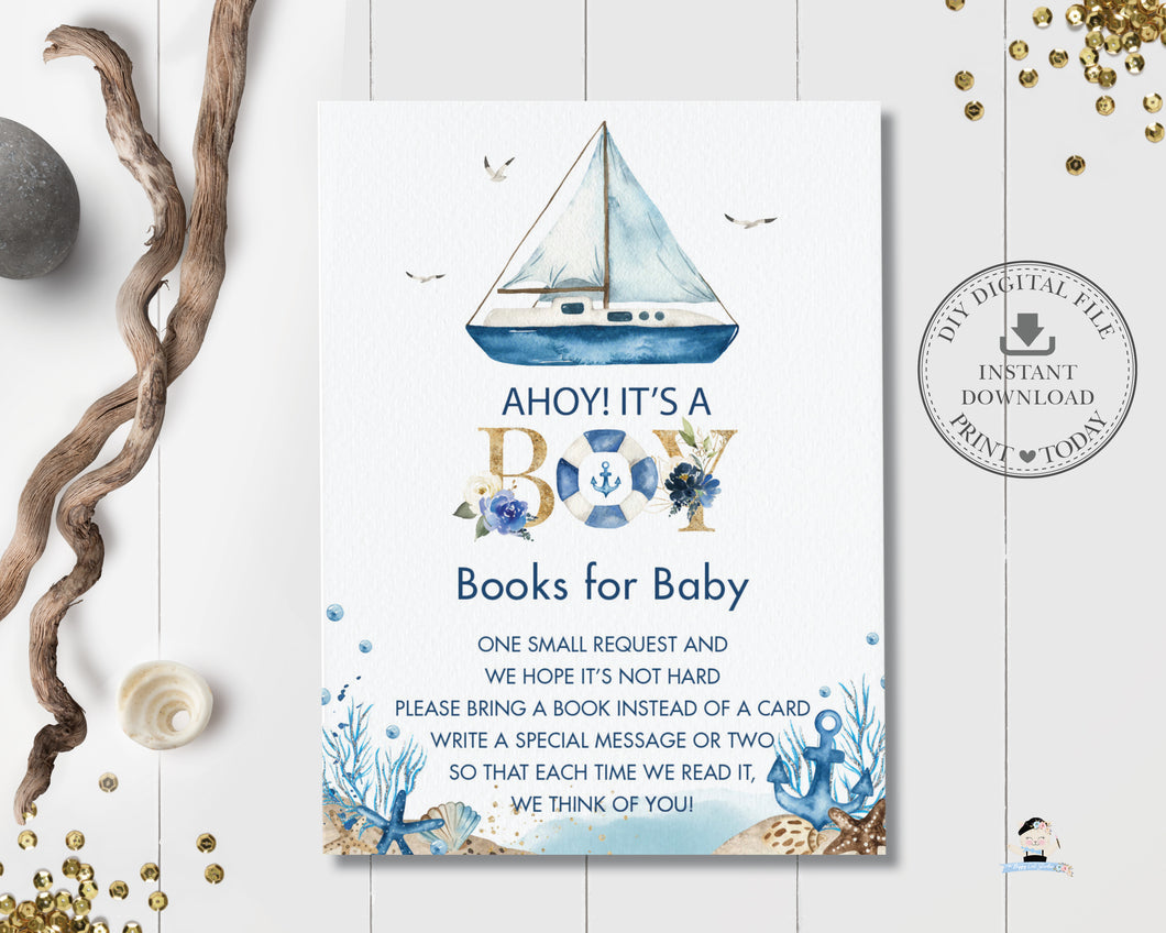 Chic Nautical Boat Ahoy It's a Boy Bring a Book Instead of a Card Insert - Instant Download - Digital Printable File - NT2