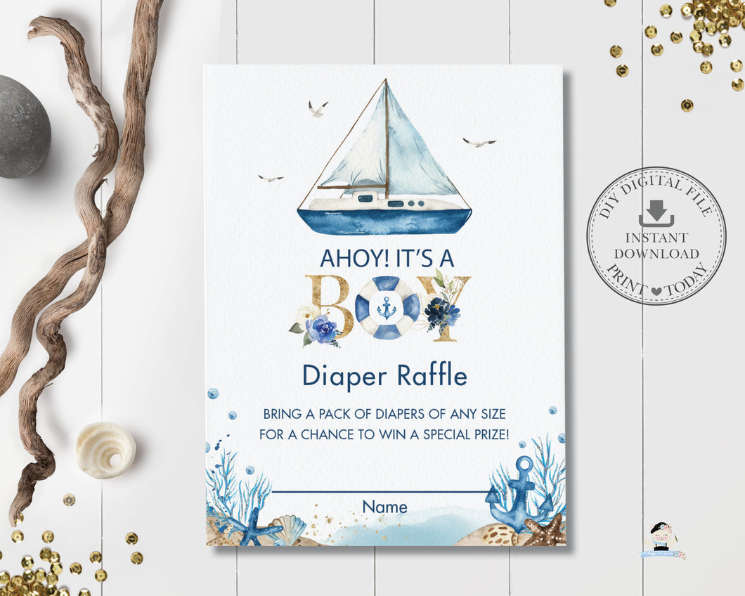 Chic Nautical Boat Baby Shower Diaper Raffle Ticket Card - Instant Download - Digital Printable File - NT2