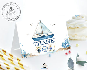 Chic Nautical Ahoy It's a Boy Blue Boat Folded Thank You Card Instant Download Digital Printable File - NT2