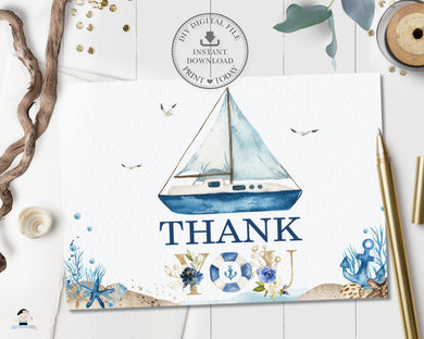 Chic Nautical Ahoy It's a Boy Blue Boat Folded Thank You Card Instant Download Digital Printable File - NT2